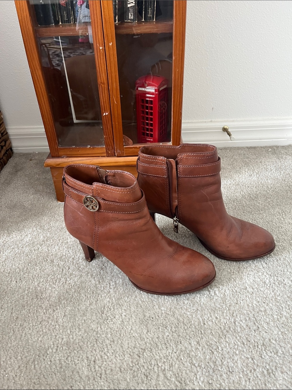 Tory Burch Cognac Leather Ankle Booties with Logo Button
